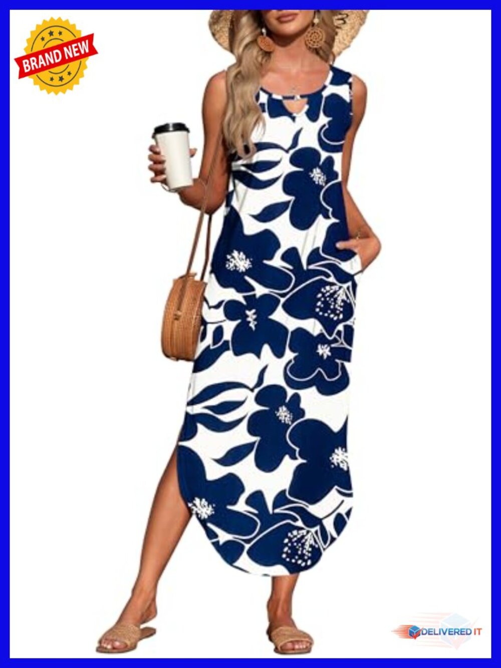 Sleeveless Crewneck Maxi Dress Pockets Slit Summer Casual Beach